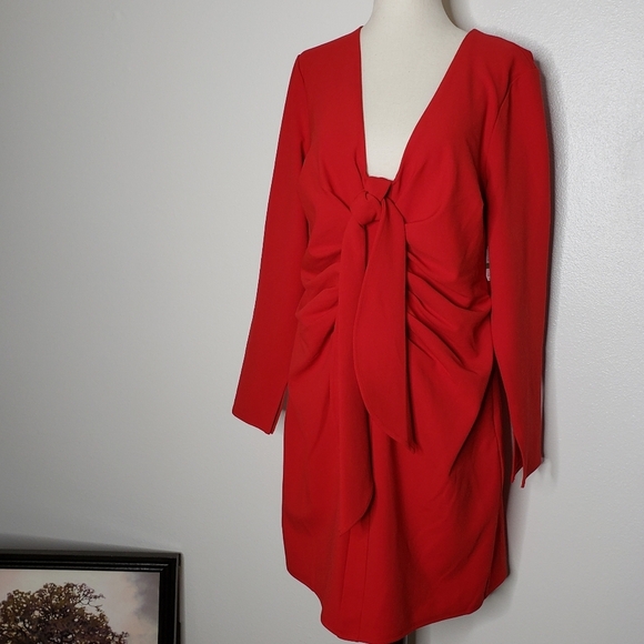 NEW INC. Womens Sheath Drape Tie Long Sleeve Dress Mini Holiday Red - Picture 5 of 9